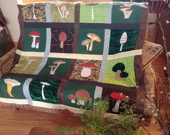 Mushroom Quilt Pattern, includes 16 unique foundation paper piecing patterns and instructions to assemble the quilt face