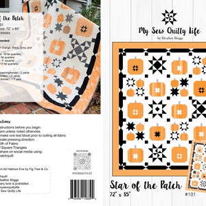 Może przedstawiać: Wzór do szycia patchworkowej kołdry "Star of the Patch" z motywem patchworkowym w postaci pomarańczowych, czarnych i białych kwadratów i gwiazd. Gotowa kołdra ma wymiary 183 cm x 216 cm. Wzór nosi nazwę "My Sew Quilty Life" autorstwa Heather Briggs.