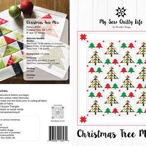 Pode incluir: Padrão de quilt Christmas Tree Mix #103. O padrão inclui instruções para fazer um quilt com um design de árvores de Natal em vermelho, verde, preto e branco. O tamanho do quilt acabado é de 69 polegadas por 77 polegadas.