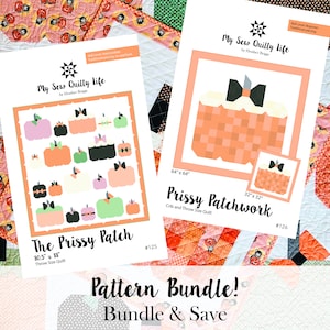 Könnte beinhalten: Zwei digitale Quiltmuster mit einem Kürbisdesign. Das größere Muster heißt "The Prissy Patch" und misst 80,5 Zoll mal 88 Zoll. Das kleinere Muster heißt "Prissy Patchwork" und misst 64 Zoll mal 64 Zoll. Beide Muster sind mit "My Sew Quilty Life" von Heather Briggs gekennzeichnet.