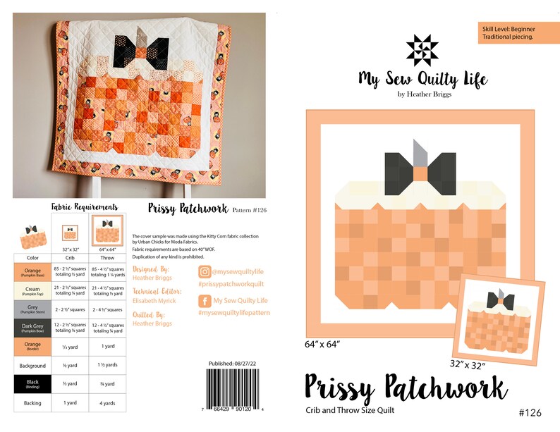 Pu&ograve; includere: Un modello di trapunta per una trapunta di dimensioni culla o coperta chiamato "Prissy Patchwork" con un design a forma di zucca. Il modello &egrave; il #126 ed &egrave; stato progettato da Heather Briggs. La trapunta &egrave; realizzata in tessuto arancione, crema, grigio, grigio scuro e nero.