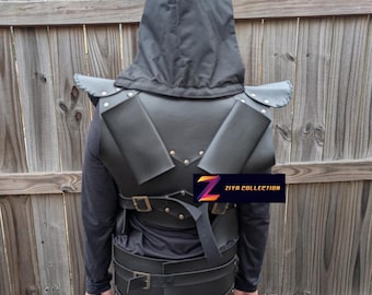 Black Leather Ninja Costume Armor with Hood Carry Loop on Back Adult Small Size