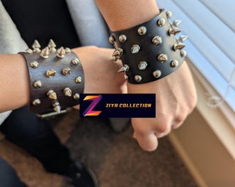 Faux Leather Studded Spiked Gothic Wrist Bracelet Strap Wristband Buckled Black Brown Costume