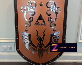 Escudo de madera Hylian de Link de la leyenda de Zelda Wind Waker con detalles de acero pulido y marco de aluminio.