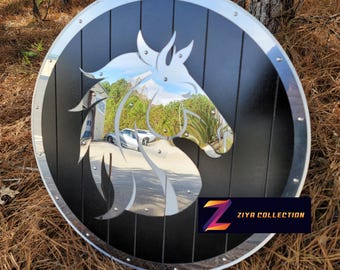 Lord of the Rings Rohan Horse Stallion Mirror Polished Steel Bust Wooden Medieval Shield