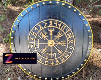 Viking Runes Helm of Awe Aegishjalmur Norse Carved Wood Round Shield Trim Framed