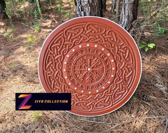 Handmade Carved Viking Norse Runes Helm of Awe Aegishjalmur Wooden Round Shield