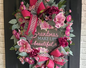 Grandma Wreath, Pink Floral Wreath for Front Door, Mother’s Day Wreath, Grandma Gift, Spring Summer Door Decor, Handmade Wreath