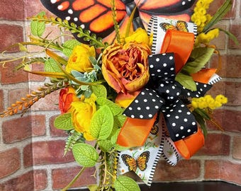 Butterfly Spring Centerpiece, Orange Roses, Yellow Ranunculus, Candlestick Floral Arrangement