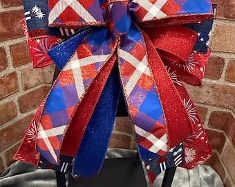 Patriotic Bow, 4th of July Decor, Red White Blue Bow, Independence Day Bow, Fireworks Ribbon Bow, Summer Wreath Bow