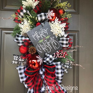 Bestseller, Made to Order, Beautiful Farmhouse swag wreath Merry Christmas farmhouse wreath Buffalo plaid Vertical door wreath Farmhouse