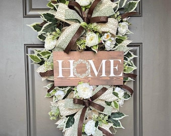 Farmhouse Door Swag with Home Sign, Everyday Front Door Swag, Neutral Greenery Door Decor, Rustic Farmhouse Swag, Vertical Door Wreath