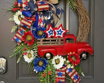 Patriotic Sunflower and red truck grapevine wreath, sunflower wreath, truck wreath, country decor, rustic, summer wreath, spring, USA, July.