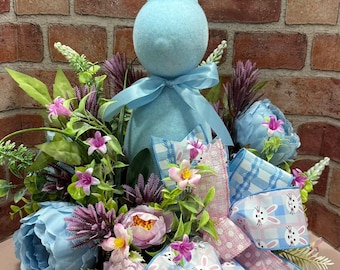 Easter Bunny Centerpiece, Spring Table Decor, Blue Bunny Floral Arrangement, Easter Home Decor, Farmhouse Easter Decor