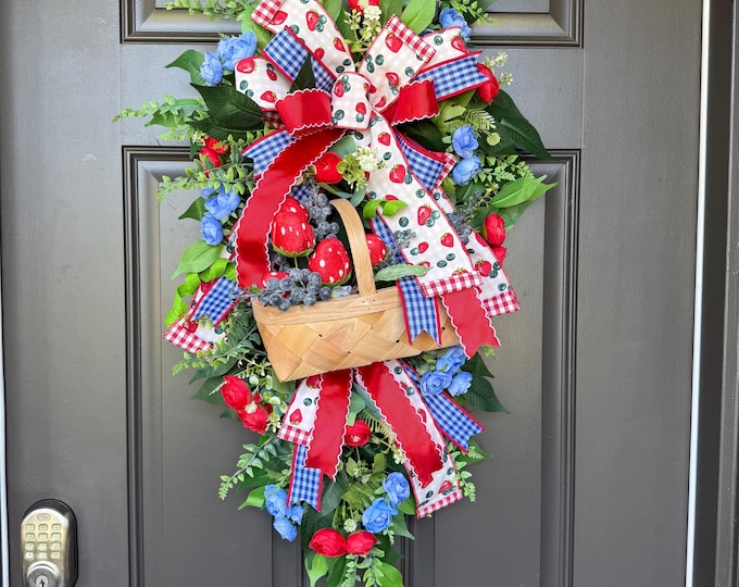 Featured listing image: Strawberry Blueberry Summer Swag, Front Door Swag, Berry Wreath, Patriotic Summer Door Decor, Farmhouse Entry Decor