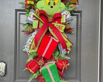 Grinch-Inspired Christmas Swag | Whimsical Holiday Door Decoration | Festive Green and Red Swag | “Stink Stank Stunk” Wreath | Green Monste