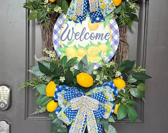 Lemon Welcome Wreath, Summer Front Door Decor, Blue Lemon Wreath, Farmhouse Citrus Wreath, Everyday Door Hanger