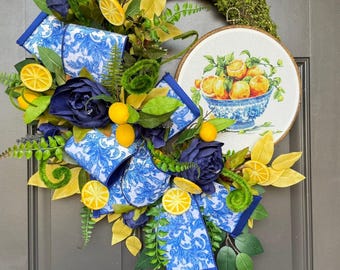 Lemon Moss Wreath,  Vintage Cross Stitch Sign, Blue and Yellow wreath, Summer Door Wreath, Chinoiserie Ribbon, Farmhouse Decor, Citrus