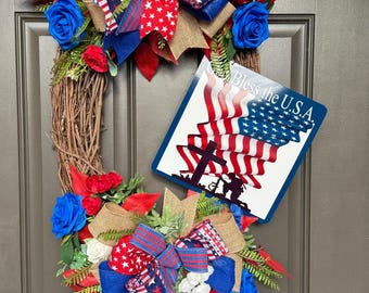 Patriotic Wreath, Memorial Day Wreath, 4th of July Decor, Americana Wreath, God Bless USA, Military Tribute, Front Door Wreath, Military