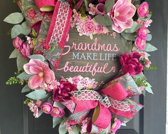 Grandma Wreath, Pink Floral Wreath for Front Door, Mother’s Day Wreath, Grandma Gift, Spring Summer Door Decor, Handmade Wreath