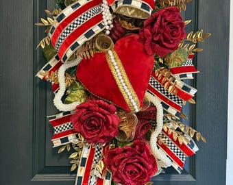 Luxury Valentine Door Swag, Red Heart Door Decor, Burgundy Rose Swag, Elegant Valentine Decor, Designer Front Door Swag