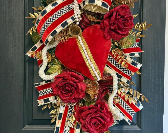 Featured listing image: Luxury Valentine Door Swag, Red Heart Door Decor, Burgundy Rose Swag, Elegant Valentine Decor, Designer Front Door Swag