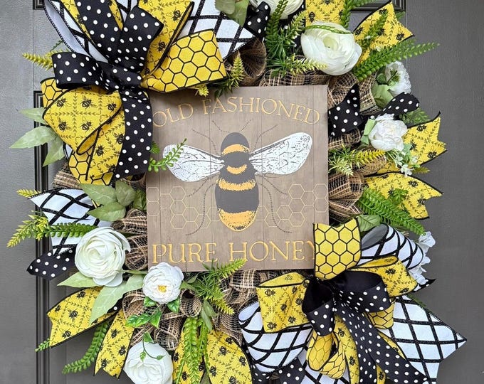 Featured listing image: bee wreath, bee, honey bee door decor, summer wreath, everyday wreath, bee wreath for front door, spring decor, Double doors wreath, wreath,