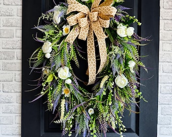 Lavender Everyday Wreath, Neutral modern Wreath, Front Door Wreath, Purple Green Floral Wreath, Everyday Wreath, Rustic Elegant Decor