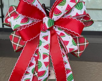Watermelon Summer Bow, Medium Decorative Bow for Lanterns Mailbox Wreaths, Watermelon Ribbon Bow, Front Door Decor, Summer Porch Bow