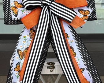 Large Monarch Butterfly Lantern Bow, Orange Black Spring Bow, Front Door Wreath Bow, Mailbox Bow, Coach Light Bow, Outdoor Decor Bow