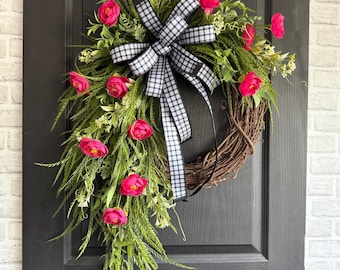 Pink Floral Wreath, Spring Front Door Wreath, Farmhouse Grapevine Wreath, Summer wreath, Greenery Wreath, Everyday Door Decor, Saw Grass