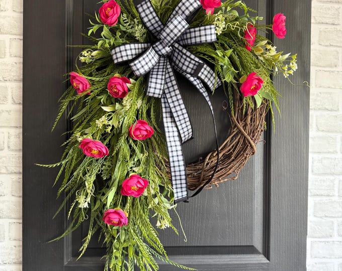 Featured listing image: Pink Floral Wreath, Spring Front Door Wreath, Farmhouse Grapevine Wreath, Summer wreath, Greenery Wreath, Everyday Door Decor, Saw Grass