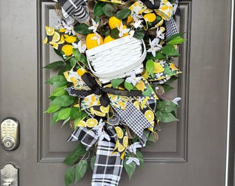 Lemon Swag Wreath for Front Door | Summer Wreath with Lemons, Gingham, and Black & White Plaid Bows | Farmhouse Lemon Decor