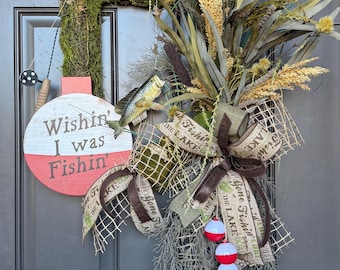 Fishing Door Hanger, Wishin’ I was Fishin’ Decor, Rustic Lake House Door wreath, Fisherman or Hunters Gift, Cabin Front Door Decor,