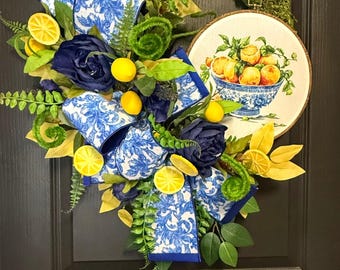 Lemon Moss Wreath,  Vintage Cross Stitch Sign, Blue and Yellow wreath, Summer Door Wreath, Chinoiserie Ribbon, Farmhouse Decor, Citrus