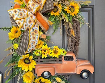 Sunflower and Orange truck grapevine wreath, sunflower wreath, truck wreath, country decor, rustic, summer wreath, spring