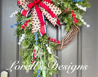 Patriotic Grapevine Wreath for Front Door | 4th of July Wreath | Rustic Red, White & Blue Door Decor | Americana Swag Wreath | Summer Wreath
