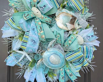 Welcome coastal wreath, everyday wreath, nautical welcome wreath, burlap wreath, cream and blues wreath, beach decoration, sea turtle, fish