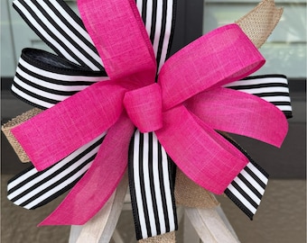 Small Everyday Lantern Bow, Pink and Black Stripe Bow, Farmhouse Lantern Bow, Mailbox Bow, Wreath Accent Bow, Front Door Decor