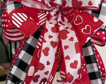 Valentine Heart Designer Bow, Red & White Valentine Bow, Buffalo Plaid Valentine Decor, Front Door Bow, Lantern Bow, Mailbox Bow