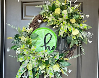 Lime wreath citrus hello grapevine wreath door decor lime wreath lemon lime decor door decoration lime wood sign citrus themed home decor