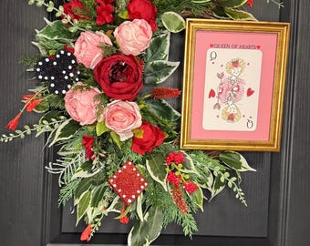 Queen of Hearts Valentine Wreath, Luxury Valentine Door Decor, Romantic Floral Wreath, Playing Card Heart Wreath