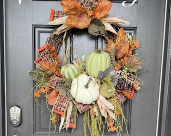 Fall Pumpkin Wreath, Green and White Pumpkin Door Decor, Thanksgiving Wreath, Autumn Grapevine Wreath, Rustic Fall Front Door, green pumpkin