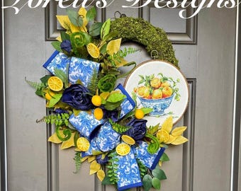 Lemon Moss Wreath,  Vintage Cross Stitch Sign, Blue and Yellow wreath, Summer Door Wreath, Chinoiserie Ribbon, Farmhouse Decor, Citrus