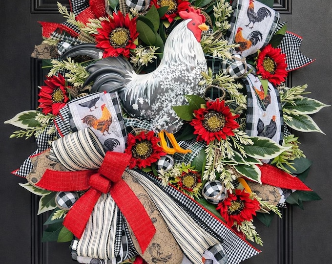 Featured listing image: Farmhouse Rooster Wreath, Chicken Front Door Decor, Rustic Country Wreath, Red Black White Floral Wreath, Year Round Farm Decor