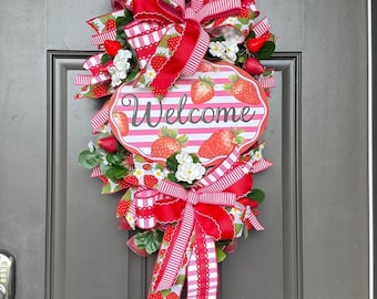 Strawberry Summer Door Swag, Strawberry Welcome Wreath, Red Pink Front Door Decor, Farmhouse Spring Swag