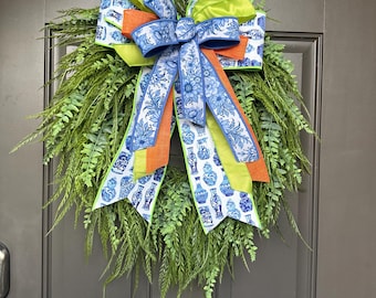 Blue and White Chinoiserie Wreath, Spring Summer Front Door Decor, Greenery Grapevine Wreath, Elegant Door Hanger, Everyday Wreath with Bow