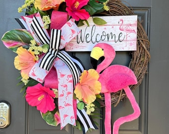 Flamingo Welcome Wreath, Tropical Summer Door Wreath, Pink Flamingo Front Door Decor, Beach House Farmhouse Wreath