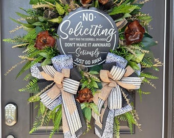 No Soliciting Wreath for Front Door, Funny No Soliciting Sign, Year-Round Door Decor, Rustic Greenery Wreath with Bows, Greenery wreath