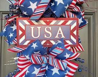 Patriotic Door Swag, USA Front Door Decor, 4th of July Door Swag, Red White Blue Wreath, Patriotic Porch Decor, Memorial Day Decor